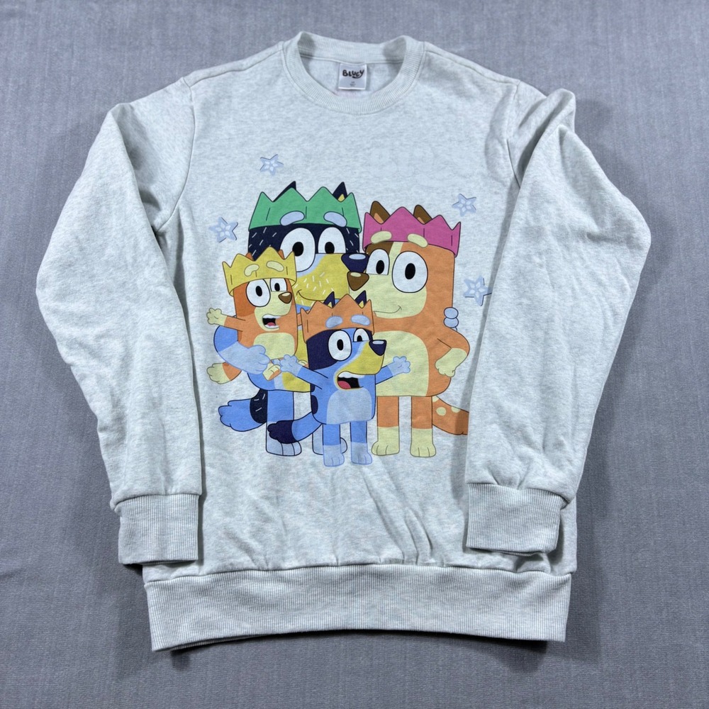 Bluey Sweatshirt Unisex XS Grey Family Portrait Graphic Fleece Pullover Crown